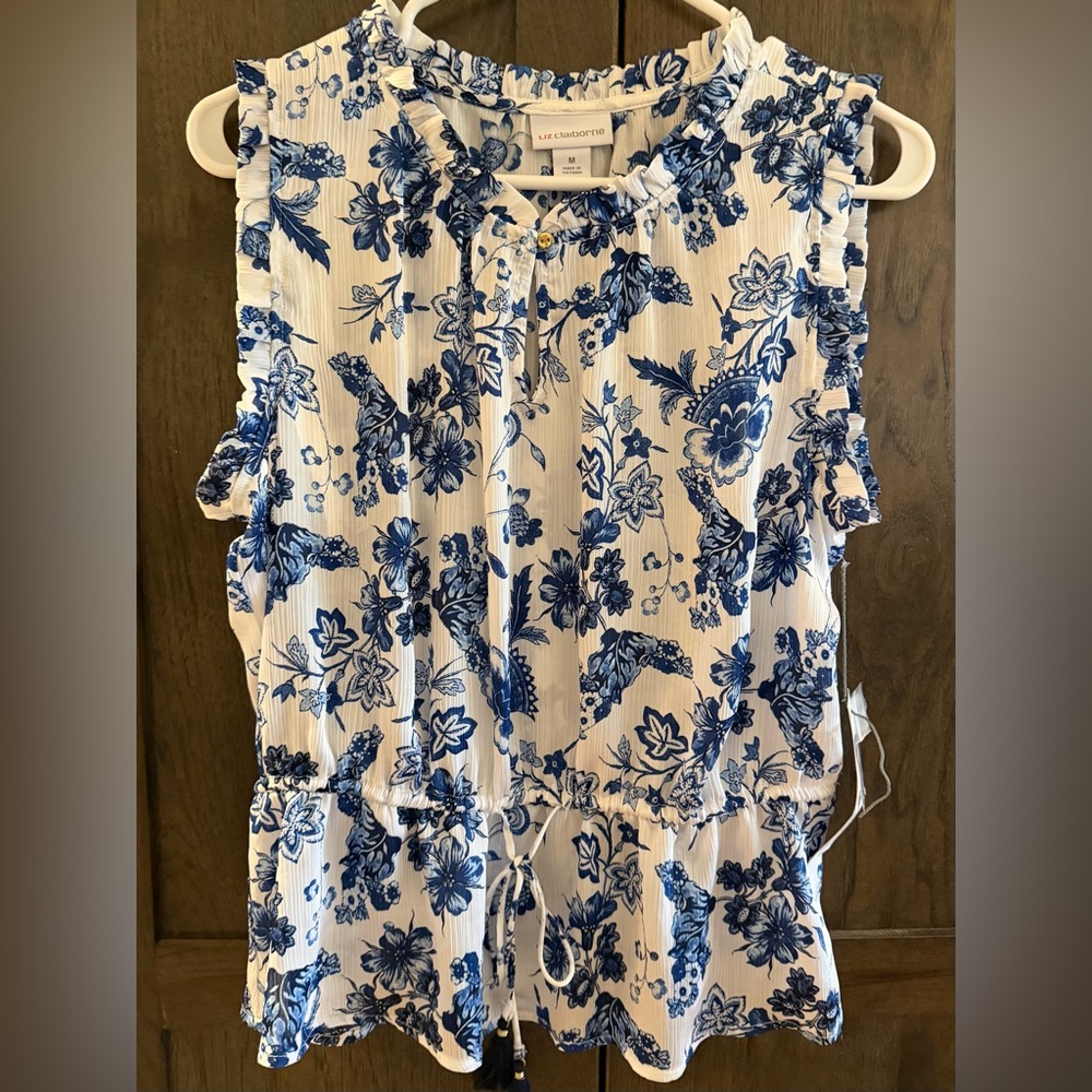 Liz Claiborne White Top with Blue Floral Print
